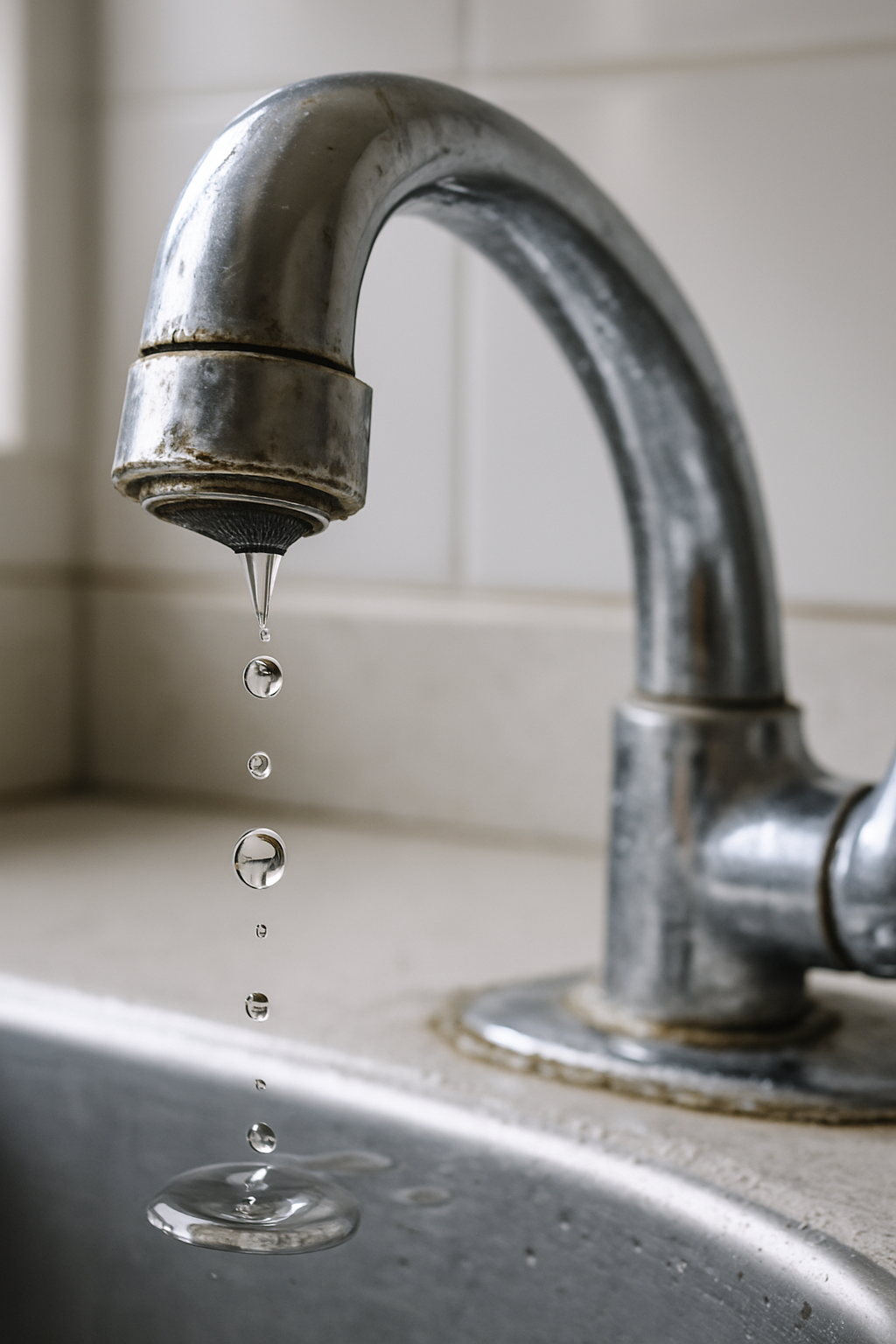 Leaky kitchen faucet before repair showing water dripping