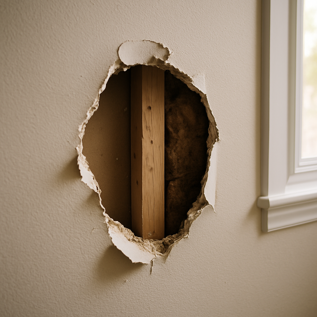 Damaged drywall with hole showing wall studs